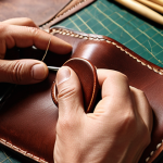 Close-up of hands crafting a leather wallet, focusing on the saddle stitch technique. Leather tools, including needles and thread, are visible, emphasizing the handmade quality.