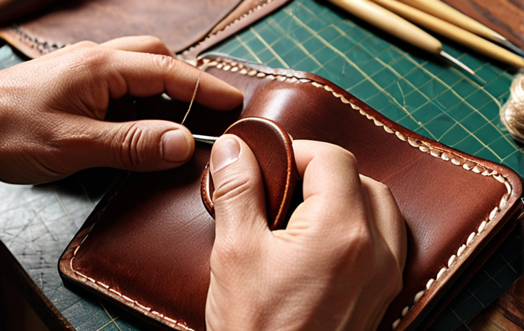 Close-up of hands crafting a leather wallet, focusing on the saddle stitch technique. Leather tools, including needles and thread, are visible, emphasizing the handmade quality.