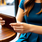A young woman in modest, comfortable attire, gently holding a beautifully crafted, rich brown leather card wallet in her hands. The wallet shows subtle signs of use, reflecting its personal journey and unique texture. She is seated at a wooden cafe table, bathed in soft, natural sunlight filtering through a window, with a blurred background of a warm, inviting cafe interior. The focus is on the intricate leather texture and stitching of the wallet and her well-formed hands. fully clothed, modest clothing, appropriate attire, safe for work, appropriate content, family-friendly, perfect anatomy, correct proportions, natural pose, well-formed hands, proper finger count, natural body proportions, professional photography, high detail, sharp focus, vibrant colors, realistic, cinematic lighting.
